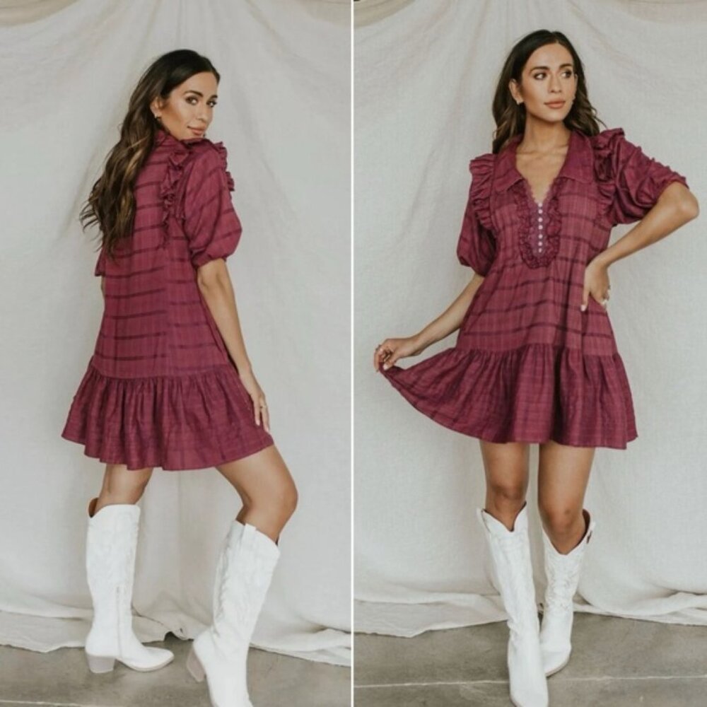 Free People Elora Ruffle Mini Dress Purple Juneberry Boho Coastal Cowgirl Small